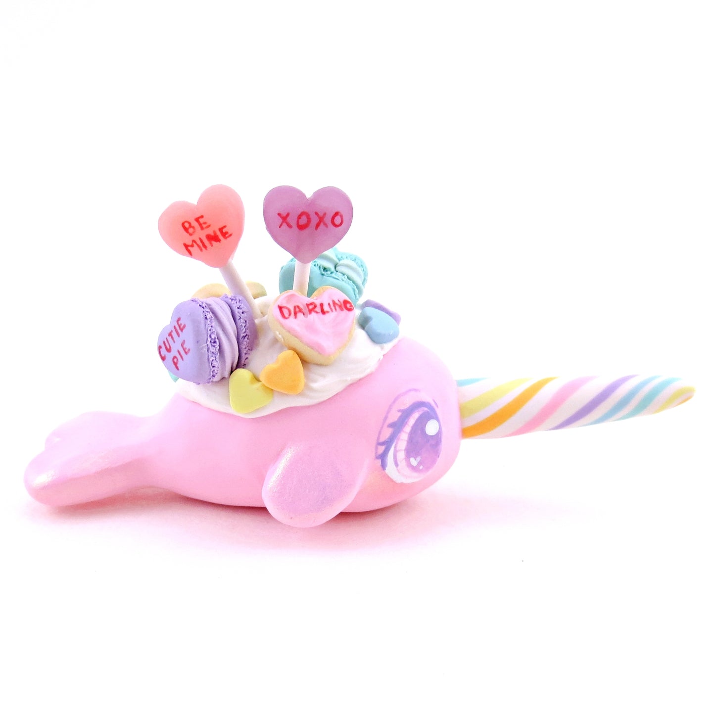 Pink Candy Heart Narwhal Figurine - Polymer Clay Valentine's Day Animal Collection