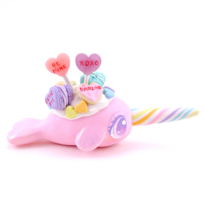 Pink Candy Heart Narwhal Figurine - Polymer Clay Valentine's Day Animal Collection