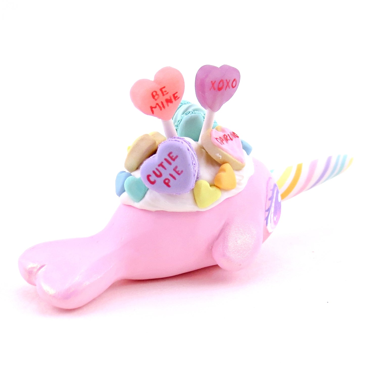 Pink Candy Heart Narwhal Figurine - Polymer Clay Valentine's Day Animal Collection