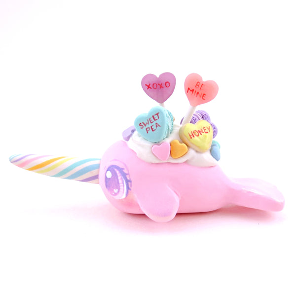 Pink Candy Heart Narwhal Figurine - Polymer Clay Valentine's Day Animal Collection