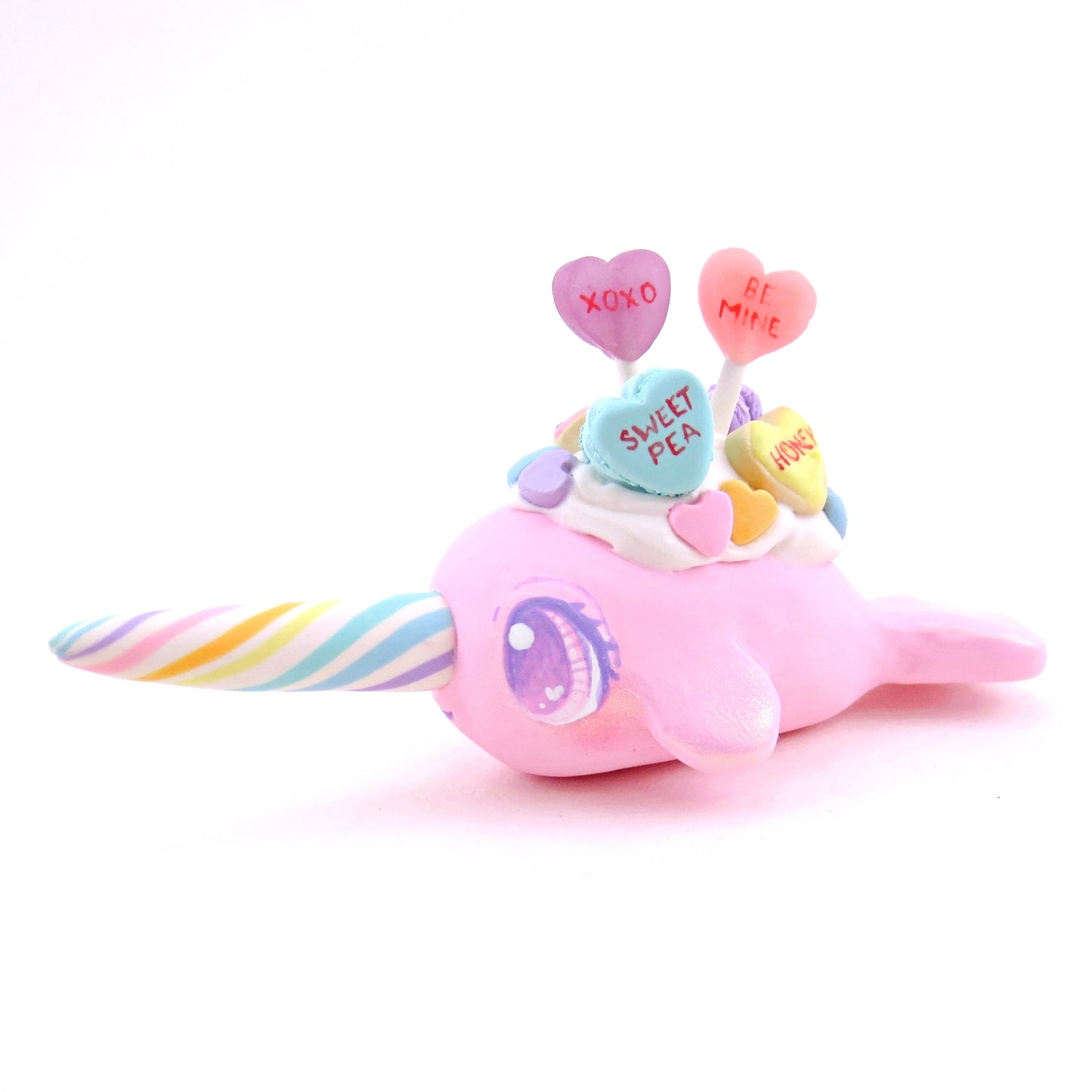 Pink Candy Heart Narwhal Figurine - Polymer Clay Valentine's Day Animal Collection