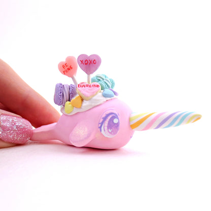 Pink Candy Heart Narwhal Figurine - Polymer Clay Valentine's Day Animal Collection