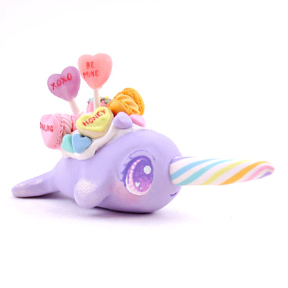 Purple Candy Heart Narwhal Figurine - Polymer Clay Valentine's Day Animal Collection