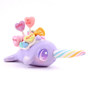 Purple Candy Heart Narwhal Figurine - Polymer Clay Valentine's Day Animal Collection