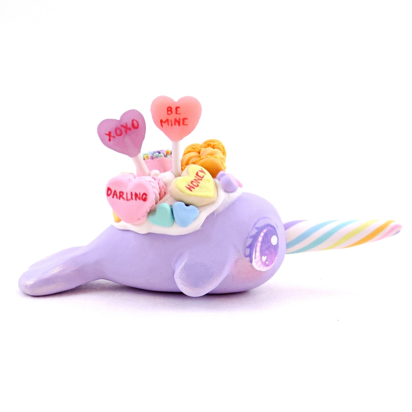 Purple Candy Heart Narwhal Figurine - Polymer Clay Valentine's Day Animal Collection