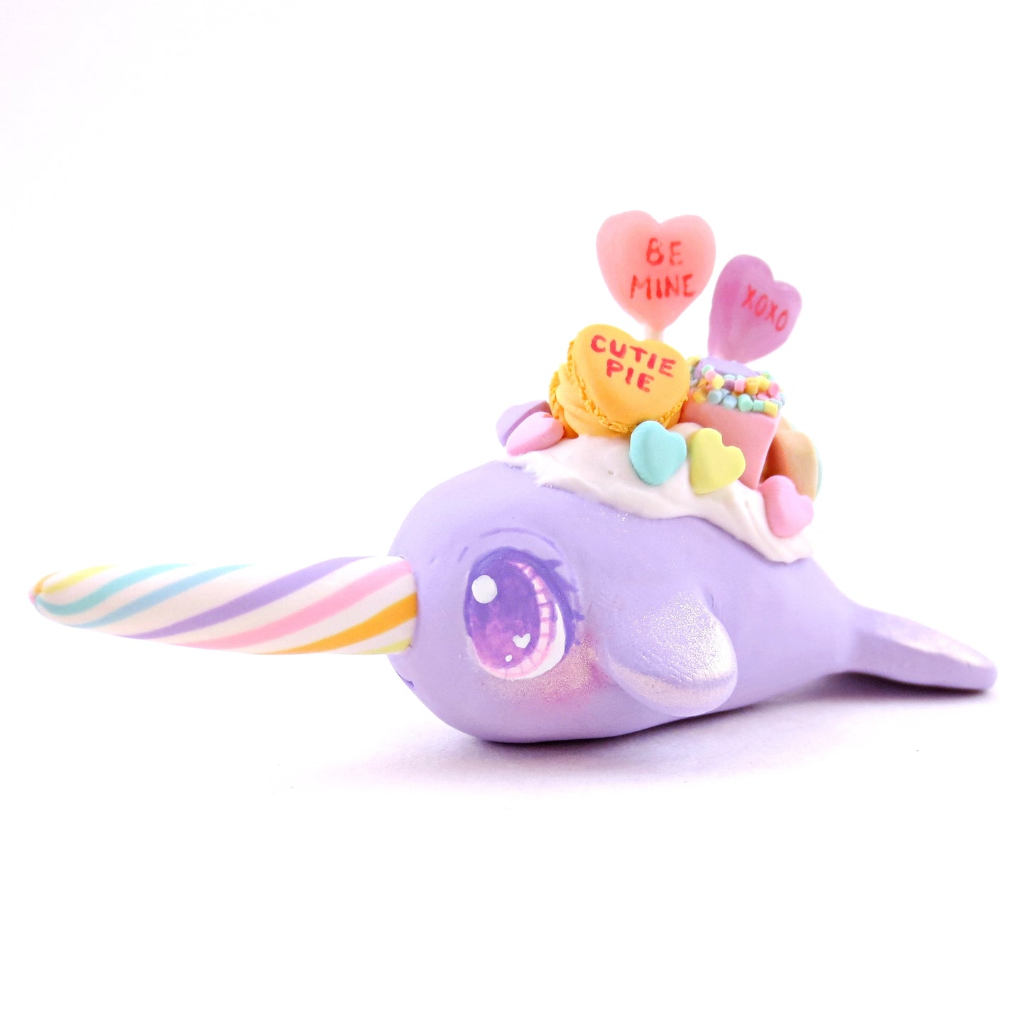 Purple Candy Heart Narwhal Figurine - Polymer Clay Valentine's Day Animal Collection