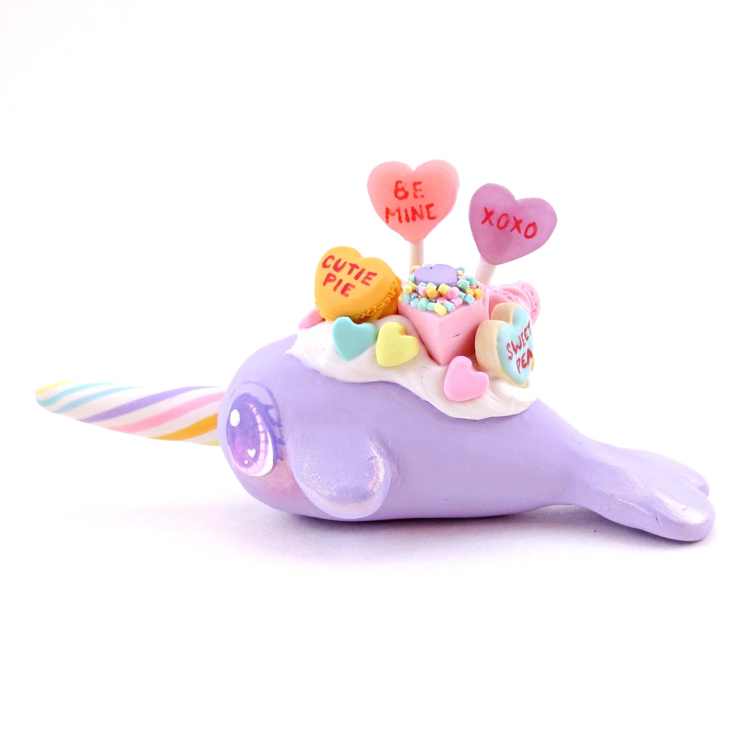 Purple Candy Heart Narwhal Figurine - Polymer Clay Valentine's Day Animal Collection