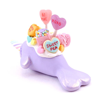 Purple Candy Heart Narwhal Figurine - Polymer Clay Valentine's Day Animal Collection