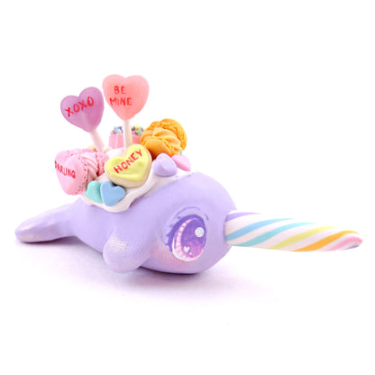 Purple Candy Heart Narwhal Figurine - Polymer Clay Valentine's Day Animal Collection