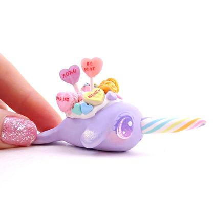 Purple Candy Heart Narwhal Figurine - Polymer Clay Valentine's Day Animal Collection