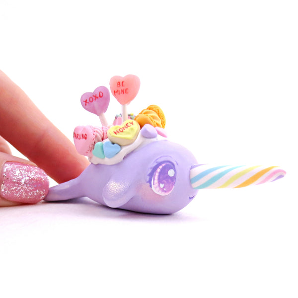 Purple Candy Heart Narwhal Figurine - Polymer Clay Valentine's Day Animal Collection