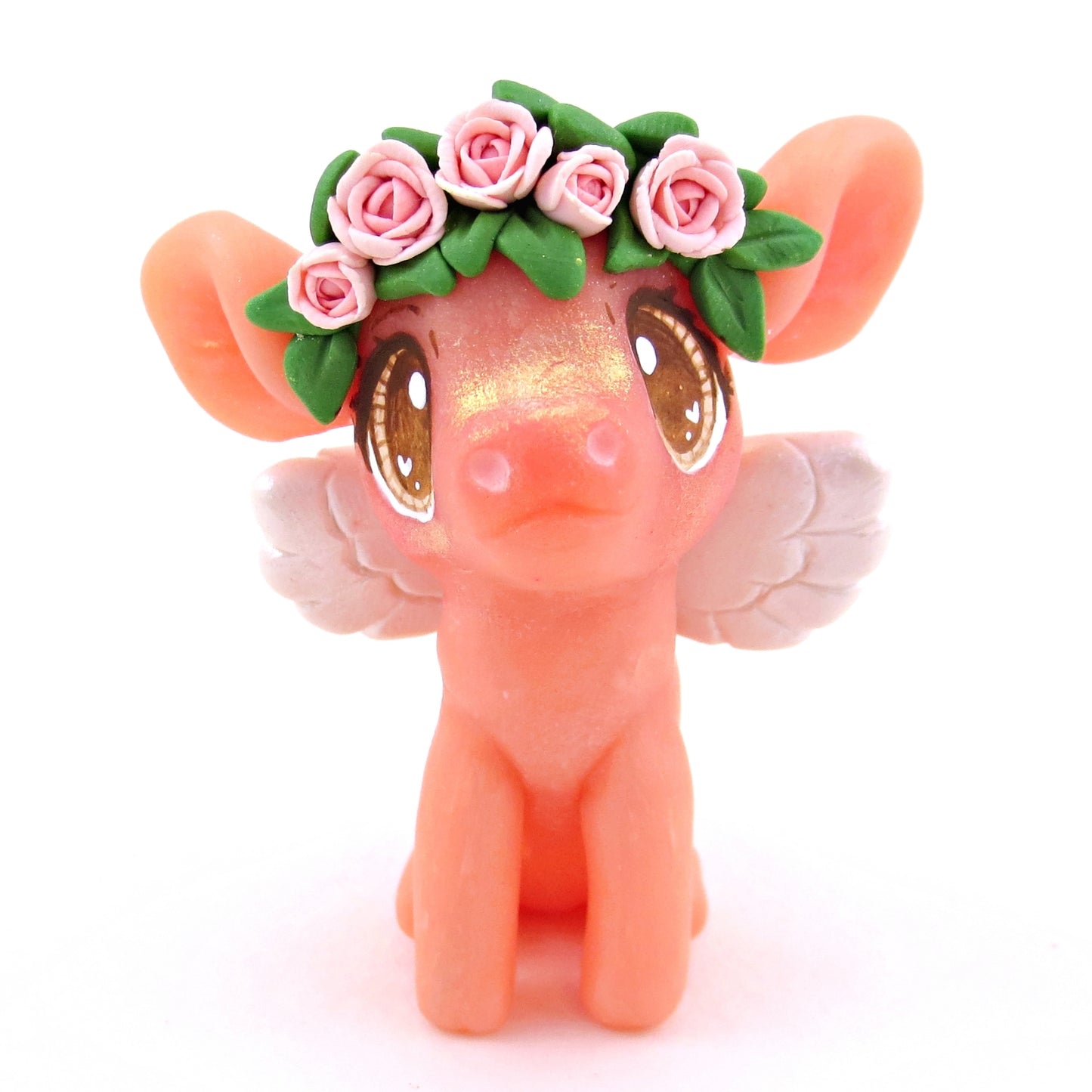 Cupid Piglet with Pink Rose Flower Crown Figurine - Polymer Clay Valentine's Day Animal Collection