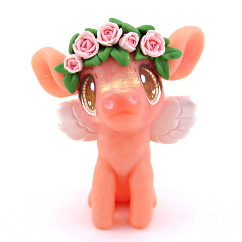 Cupid Piglet with Pink Rose Flower Crown Figurine - Polymer Clay Valentine's Day Animal Collection