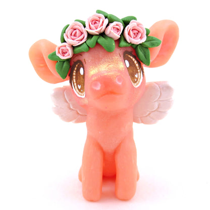 Cupid Piglet with Pink Rose Flower Crown Figurine - Polymer Clay Valentine's Day Animal Collection