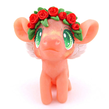 Cupid Piglet with Red Rose Flower Crown Figurine - Polymer Clay Valentine's Day Animal Collection