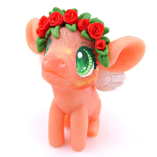 Cupid Piglet with Red Rose Flower Crown Figurine - Polymer Clay Valentine's Day Animal Collection