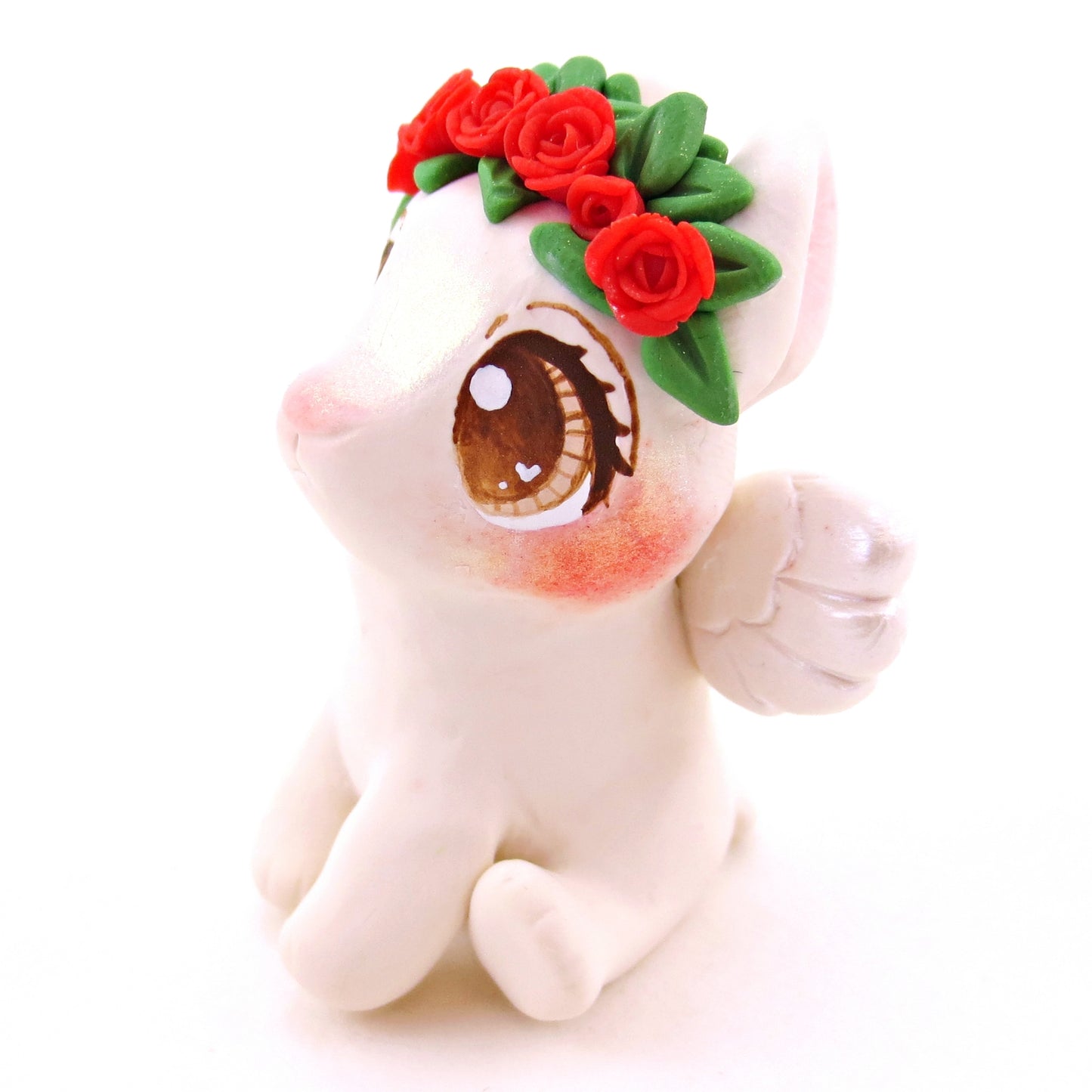 Cupid Bunny with Red Rose Flower Crown Figurine - Polymer Clay Valentine's Day Animal Collection