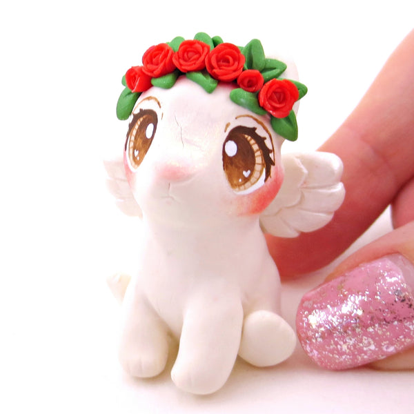 Cupid Bunny with Red Rose Flower Crown Figurine - Polymer Clay Valentine's Day Animal Collection