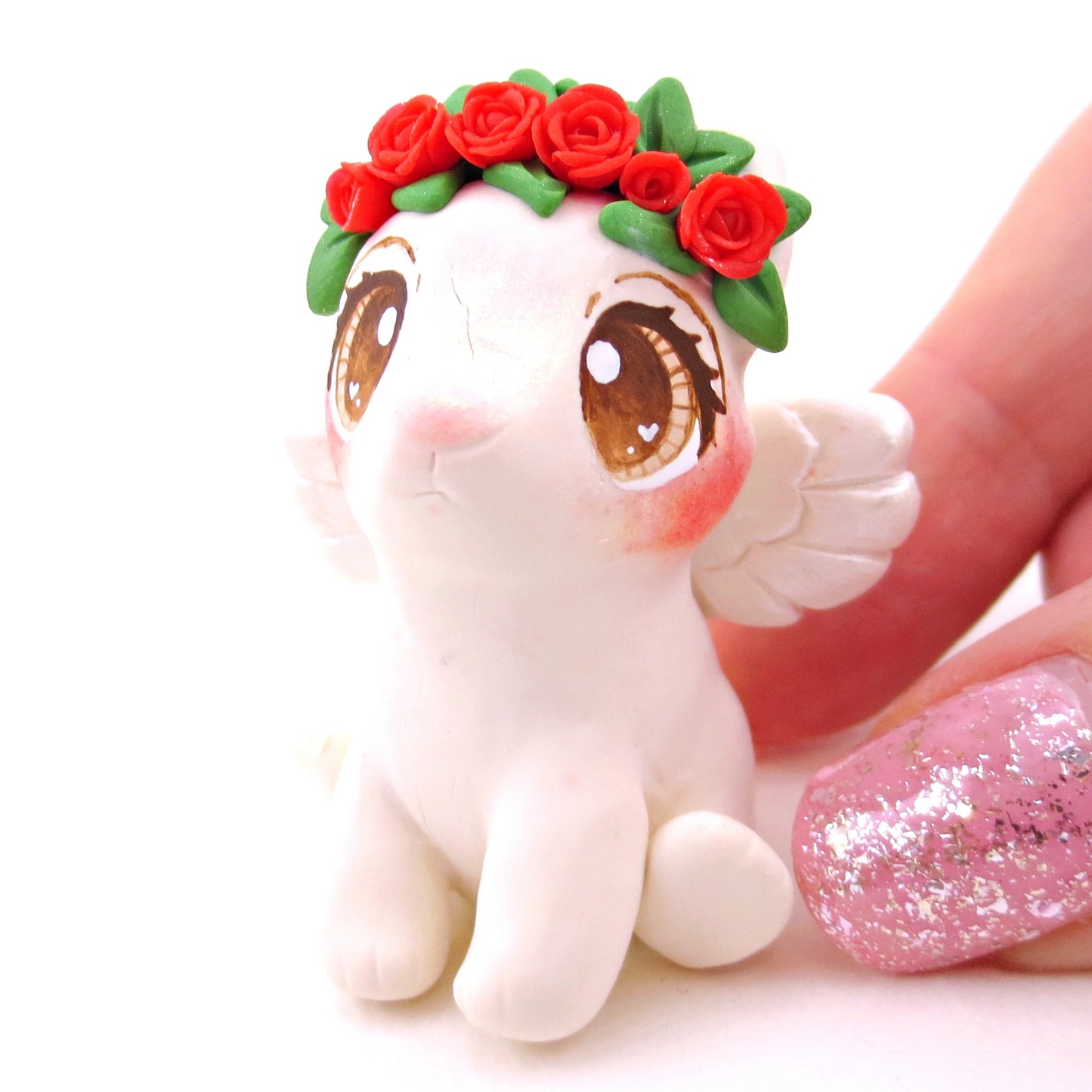 Cupid Bunny with Red Rose Flower Crown Figurine - Polymer Clay Valentine's Day Animal Collection