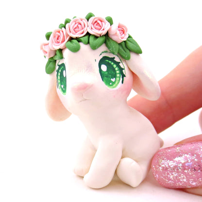 Little Lop with Pink Rose Flower Crown Figurine - Polymer Clay Valentine's Day Animal Collection