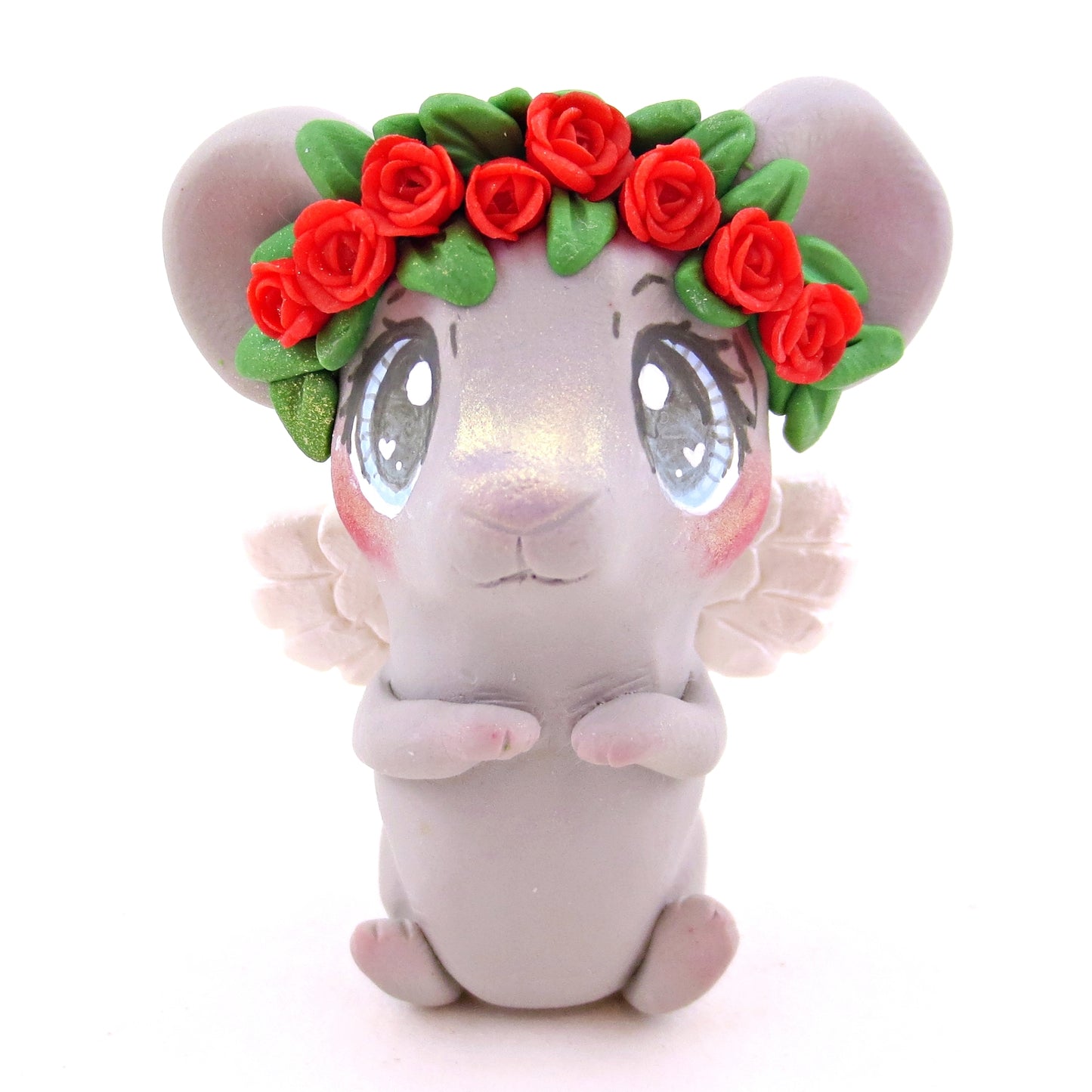 Cupid Mouse with Red Rose Flower Crown Figurine - Polymer Clay Valentine's Day Animal Collection