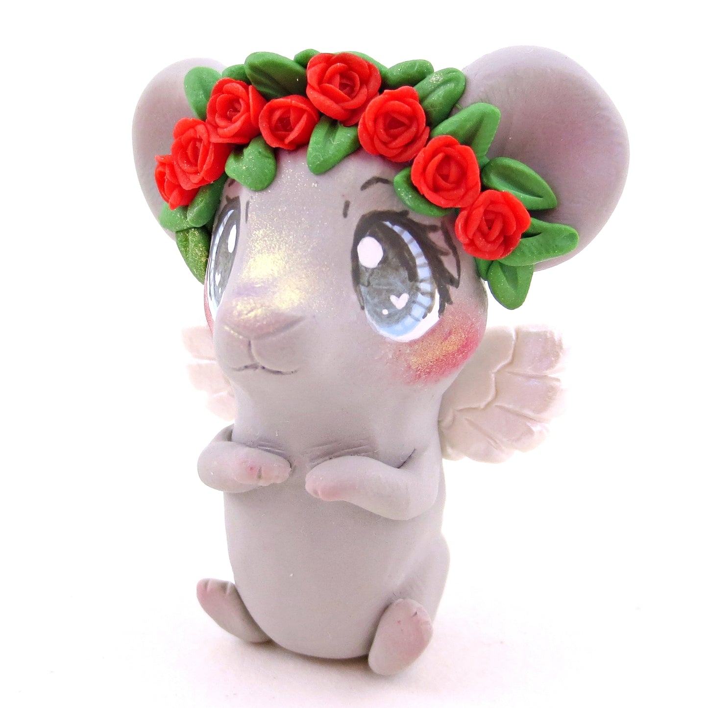 Cupid Mouse with Red Rose Flower Crown Figurine - Polymer Clay Valentine's Day Animal Collection