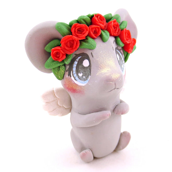 Cupid Mouse with Red Rose Flower Crown Figurine - Polymer Clay Valentine's Day Animal Collection