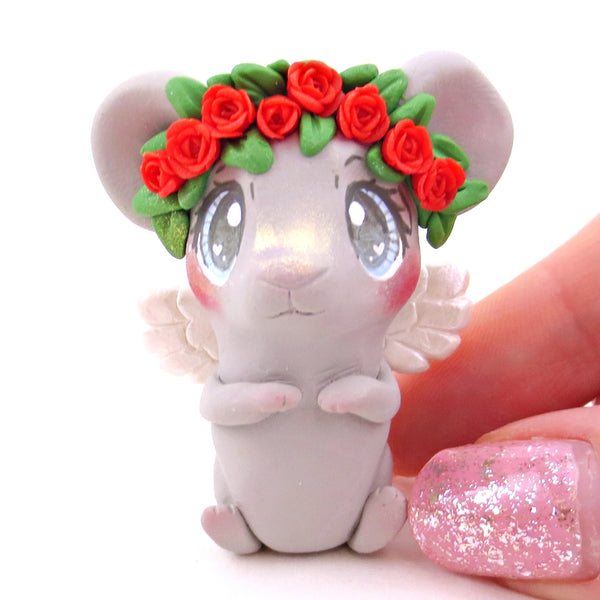 Cupid Mouse with Red Rose Flower Crown Figurine - Polymer Clay Valentine's Day Animal Collection