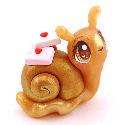 "Snail Mail" Letter Carrier Snail with Brown Eyes Figurine - Polymer Clay Valentine's Day Animal Collection