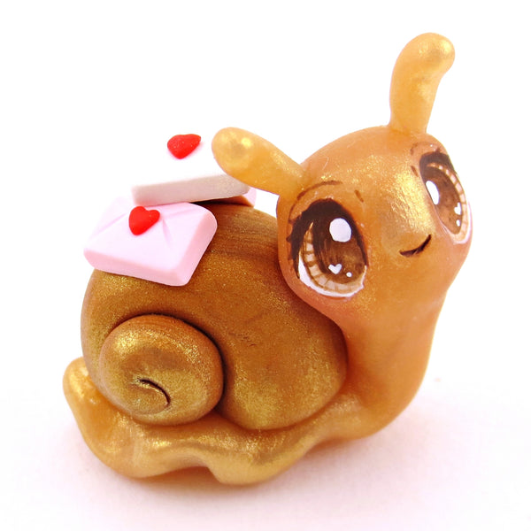 "Snail Mail" Letter Carrier Snail with Brown Eyes Figurine - Polymer Clay Valentine's Day Animal Collection