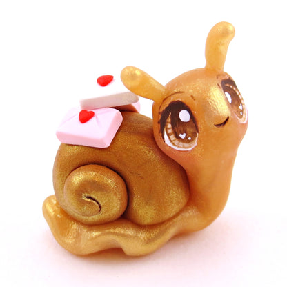 "Snail Mail" Letter Carrier Snail with Brown Eyes Figurine - Polymer Clay Valentine's Day Animal Collection