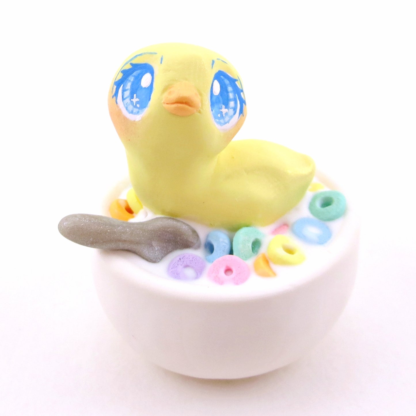 Cereal Bowl Duckling Figurine - "Breakfast Buddies" Polymer Clay Animal Collection