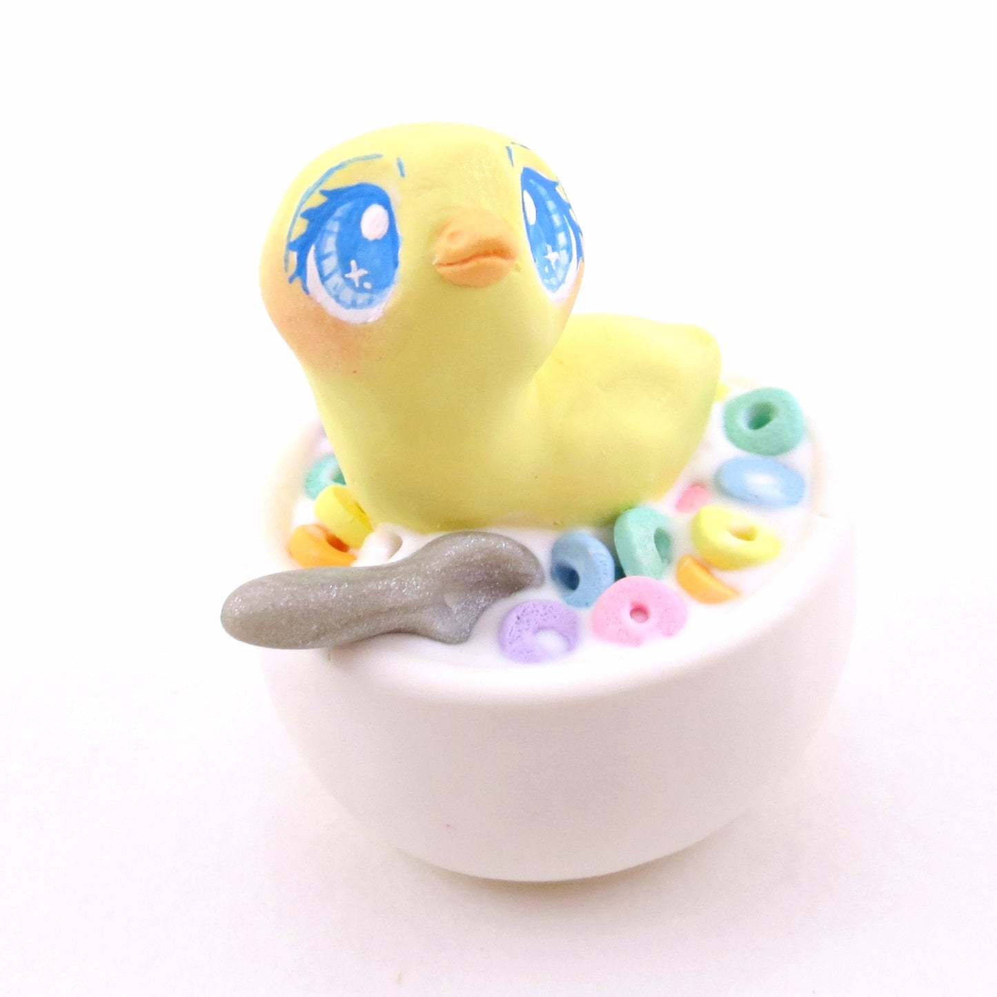 Cereal Bowl Duckling Figurine - "Breakfast Buddies" Polymer Clay Animal Collection