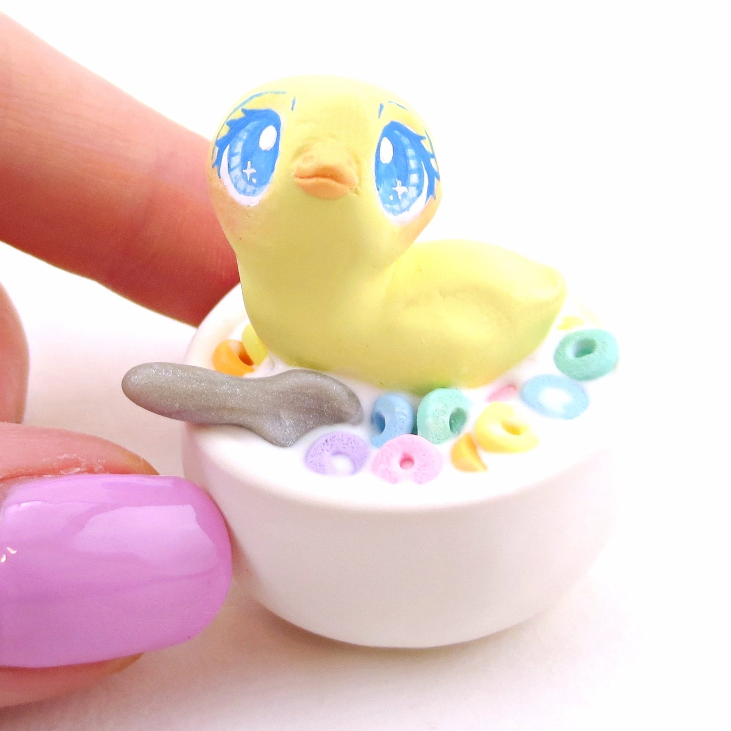 Cereal Bowl Duckling Figurine - "Breakfast Buddies" Polymer Clay Animal Collection