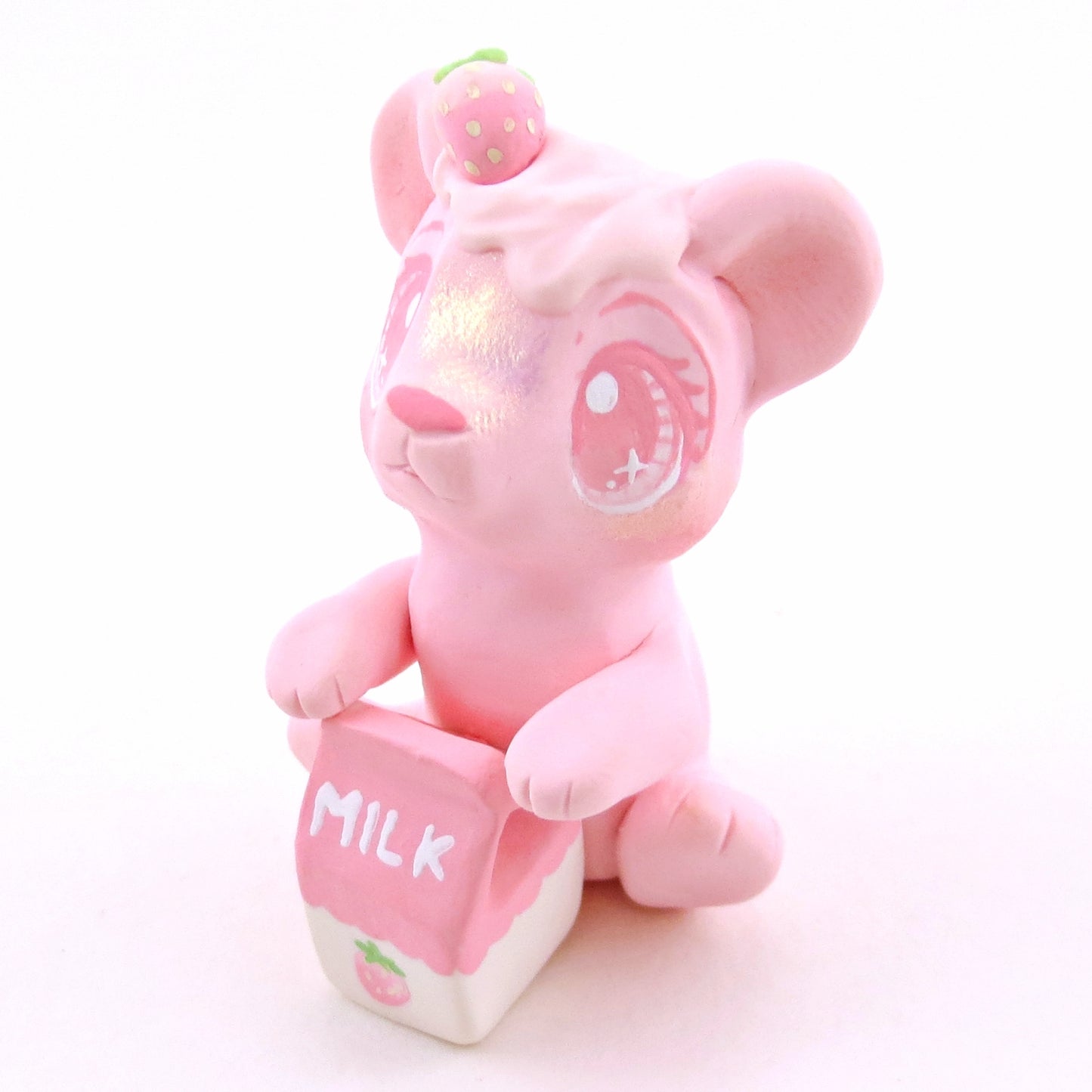 Strawberry Milk Bear Figurine - "Breakfast Buddies" Polymer Clay Animal Collection