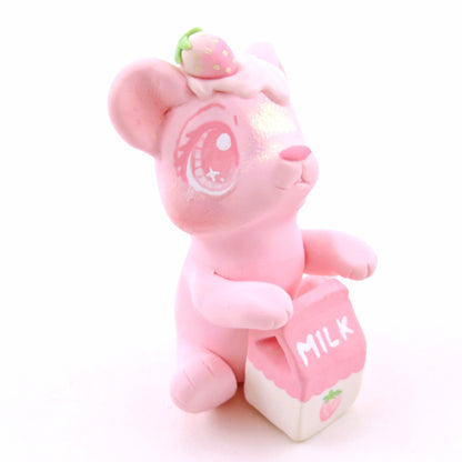 Strawberry Milk Bear Figurine - "Breakfast Buddies" Polymer Clay Animal Collection