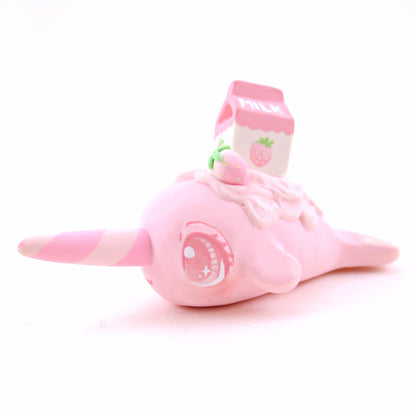 Strawberry Milk Narwhal Figurine - "Breakfast Buddies" Polymer Clay Animal Collection