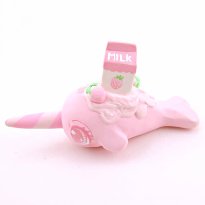 Strawberry Milk Narwhal Figurine - "Breakfast Buddies" Polymer Clay Animal Collection