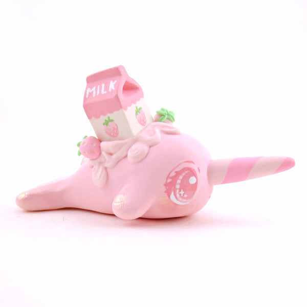 Strawberry Milk Narwhal Figurine - "Breakfast Buddies" Polymer Clay Animal Collection
