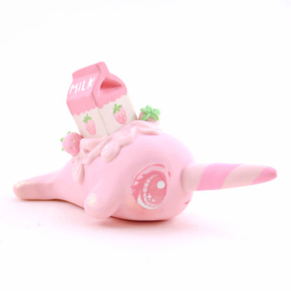 Strawberry Milk Narwhal Figurine - "Breakfast Buddies" Polymer Clay Animal Collection