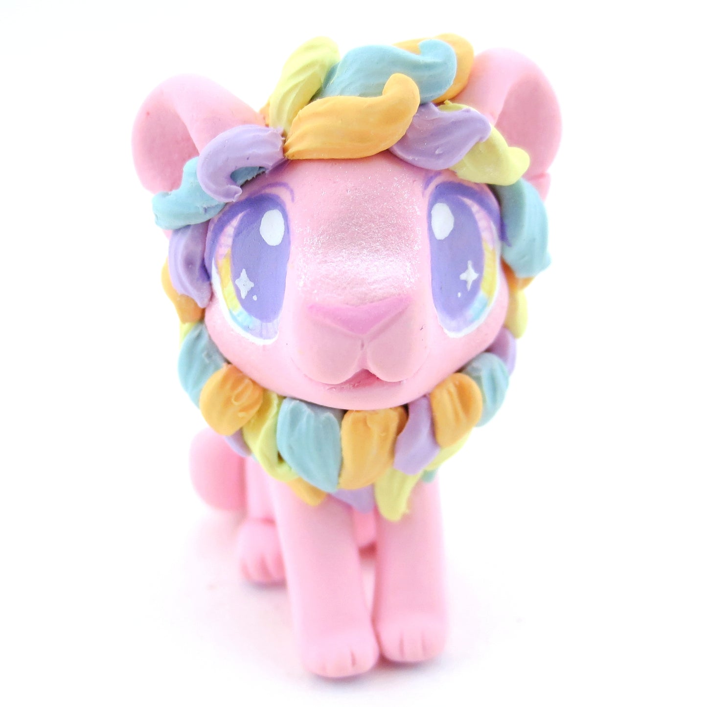 Rainbow Mane Baby Pink Lion Figurine - Polymer Clay Carnival Animals