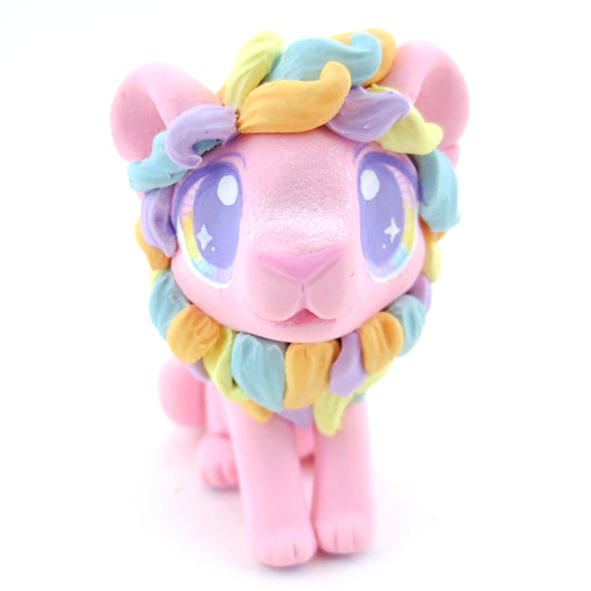 Rainbow Mane Baby Pink Lion Figurine - Polymer Clay Carnival Animals