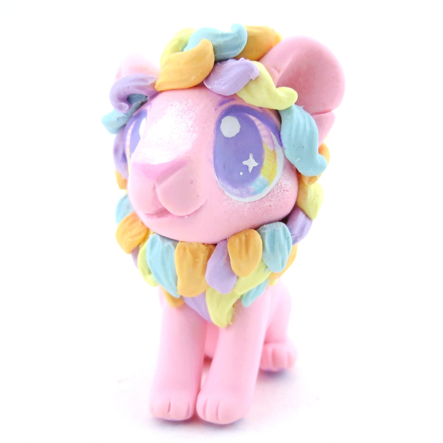 Rainbow Mane Baby Pink Lion Figurine - Polymer Clay Carnival Animals