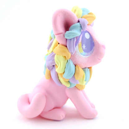 Rainbow Mane Baby Pink Lion Figurine - Polymer Clay Carnival Animals