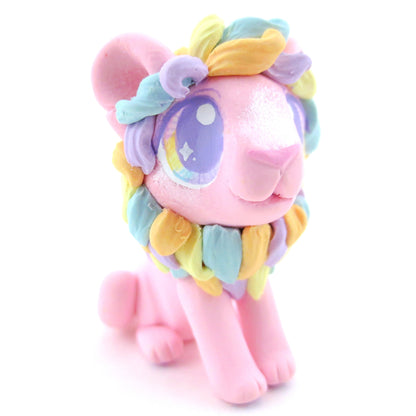 Rainbow Mane Baby Pink Lion Figurine - Polymer Clay Carnival Animals