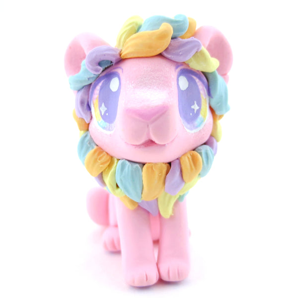 Rainbow Mane Baby Pink Lion Figurine - Polymer Clay Carnival Animals
