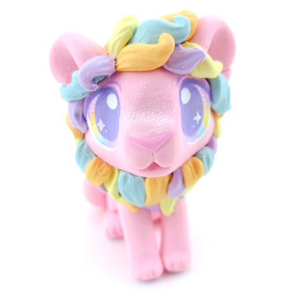 Rainbow Mane Baby Pink Lion Figurine - Polymer Clay Carnival Animals