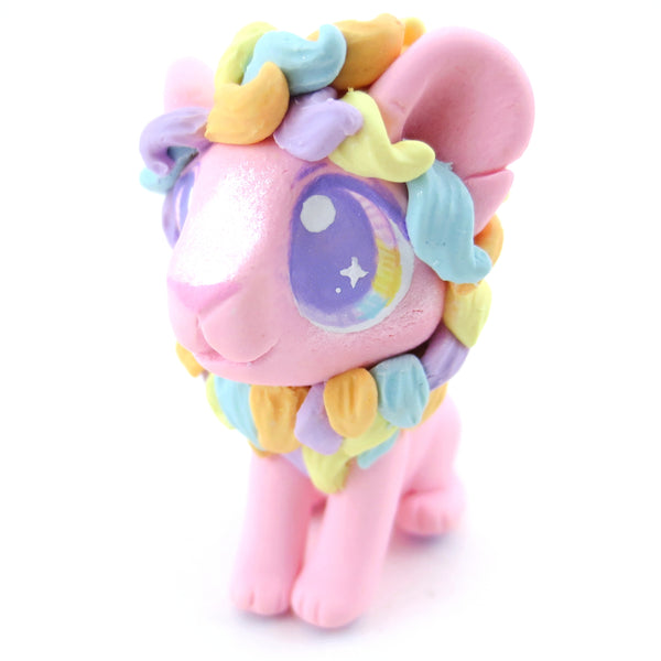 Rainbow Mane Baby Pink Lion Figurine - Polymer Clay Carnival Animals