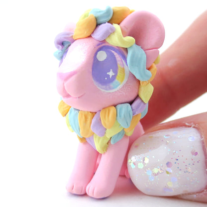 Rainbow Mane Baby Pink Lion Figurine - Polymer Clay Carnival Animals