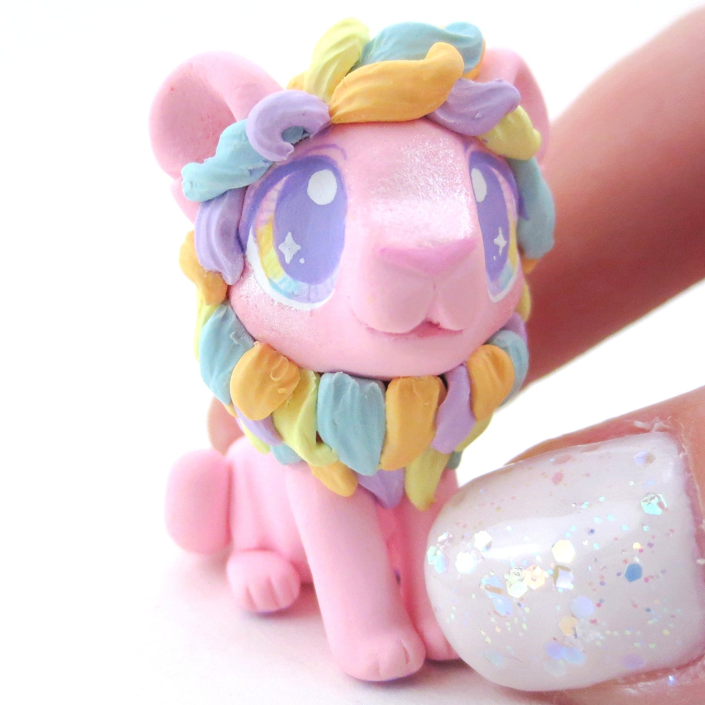 Rainbow Mane Baby Pink Lion Figurine - Polymer Clay Carnival Animals